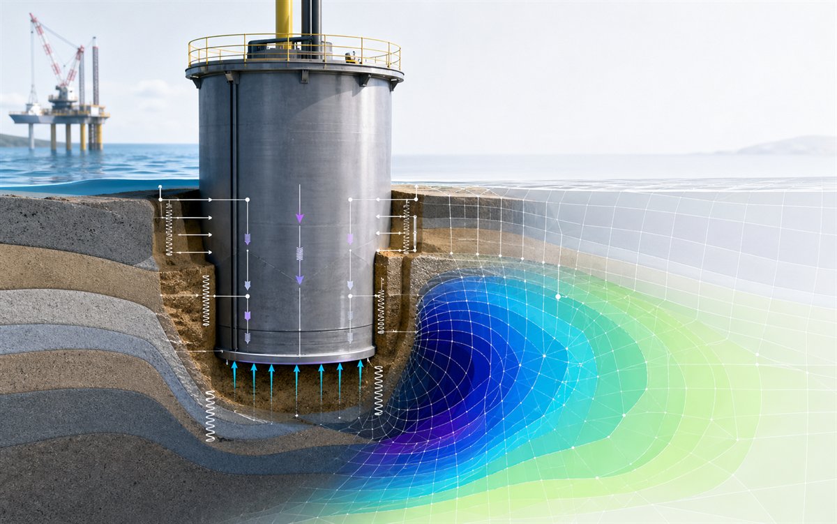 Suction caisson foundation cutaway with layered soil, stiffness springs, and finite element contours
