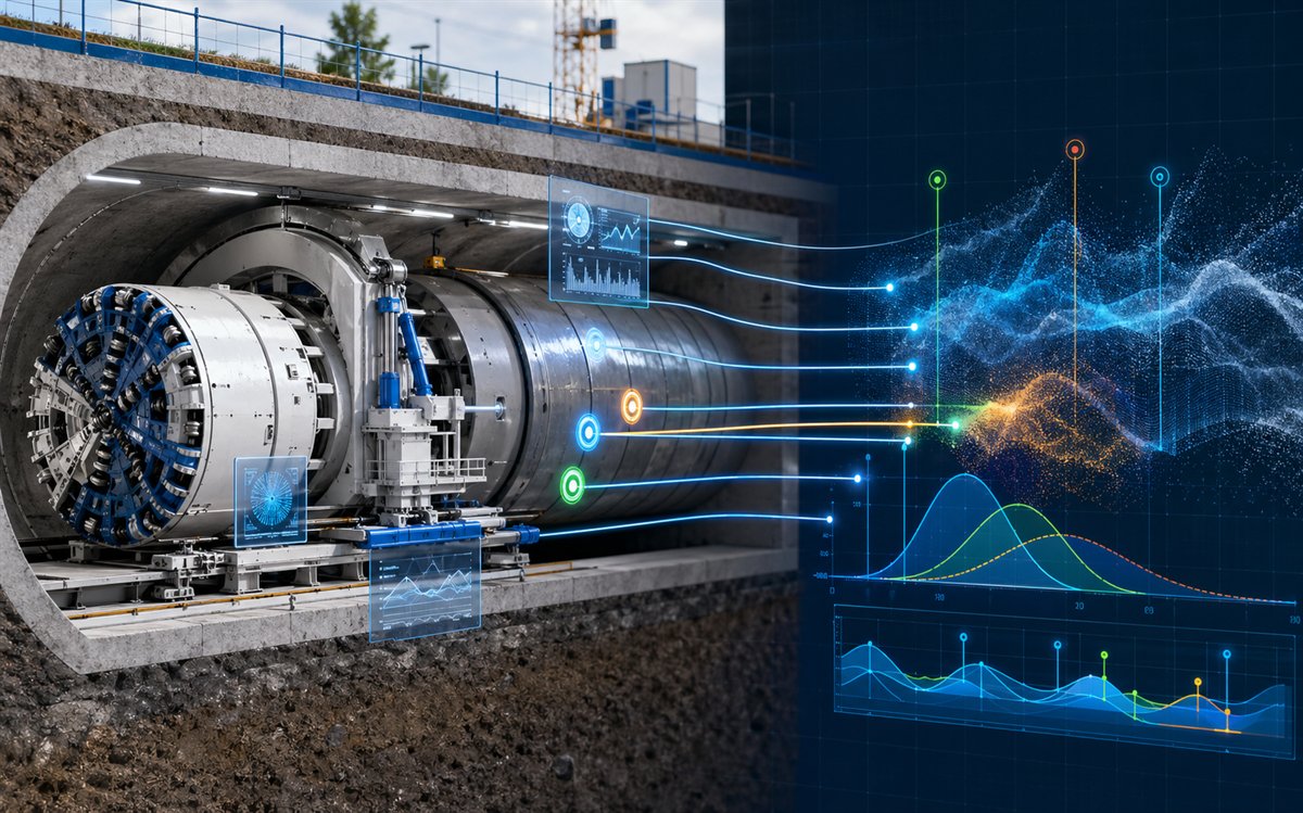 Tunnel boring machine cutaway with sensor streams and predictive data visualization